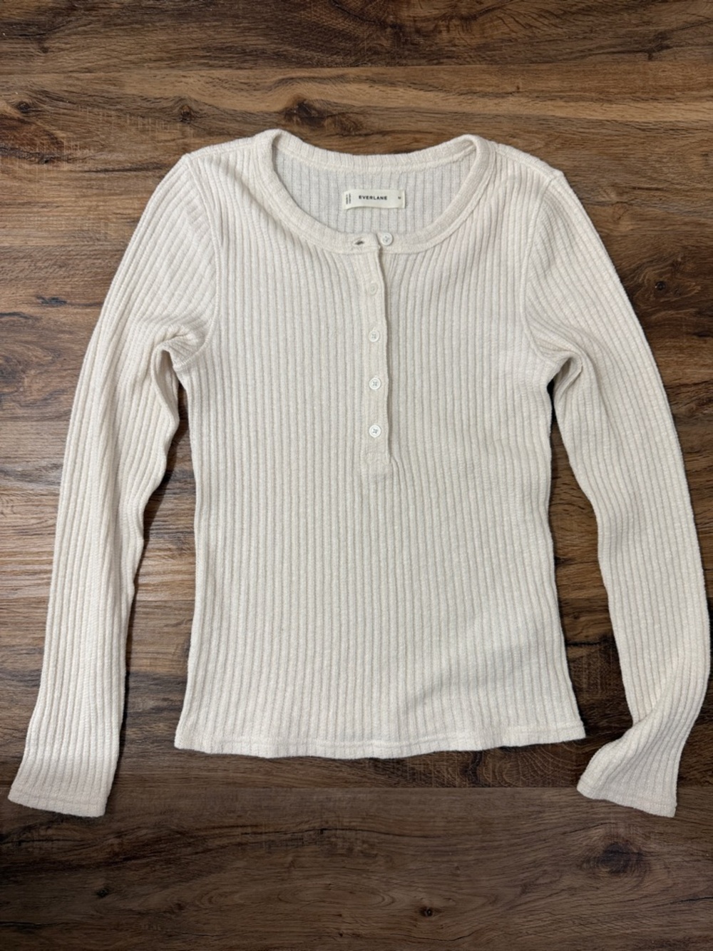 Everlane Women’s Ivory Ecru Ribbed Henley Long Sleeve Top Cotton Blend - M